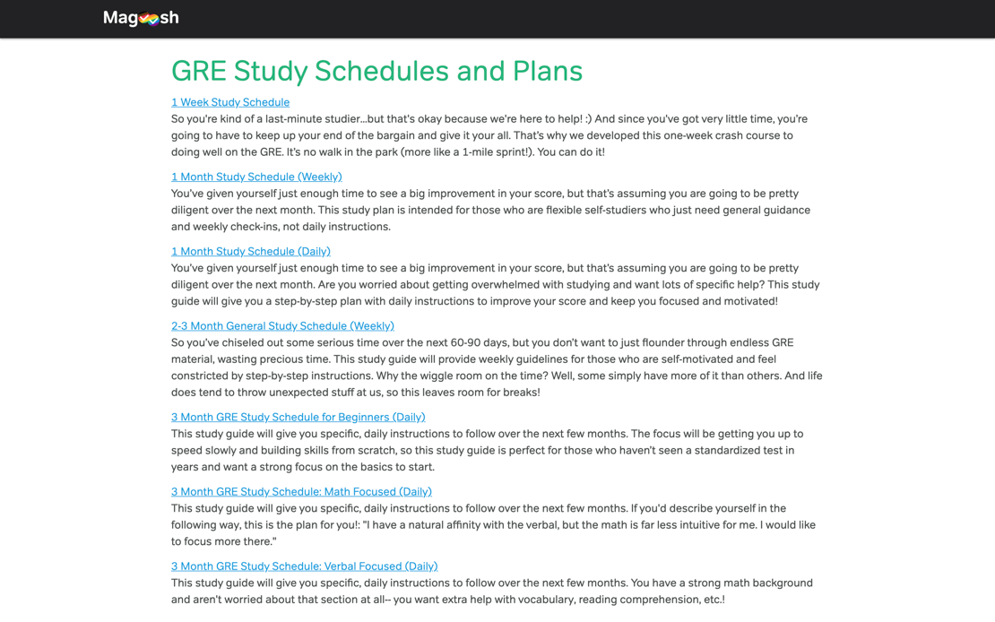 Screenshot of Magoosh study plans