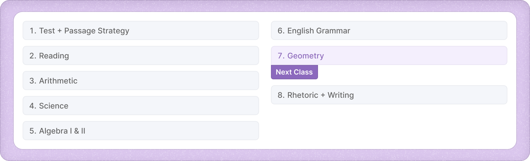 List of specific classes and topics